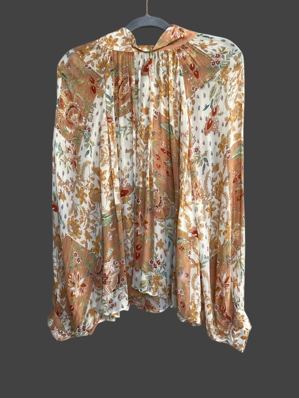 SEZANE Orange Tan Boho Floral Patchwork Flowy Chiffon Tie Back Solange Blouse - Picture 7 of 17